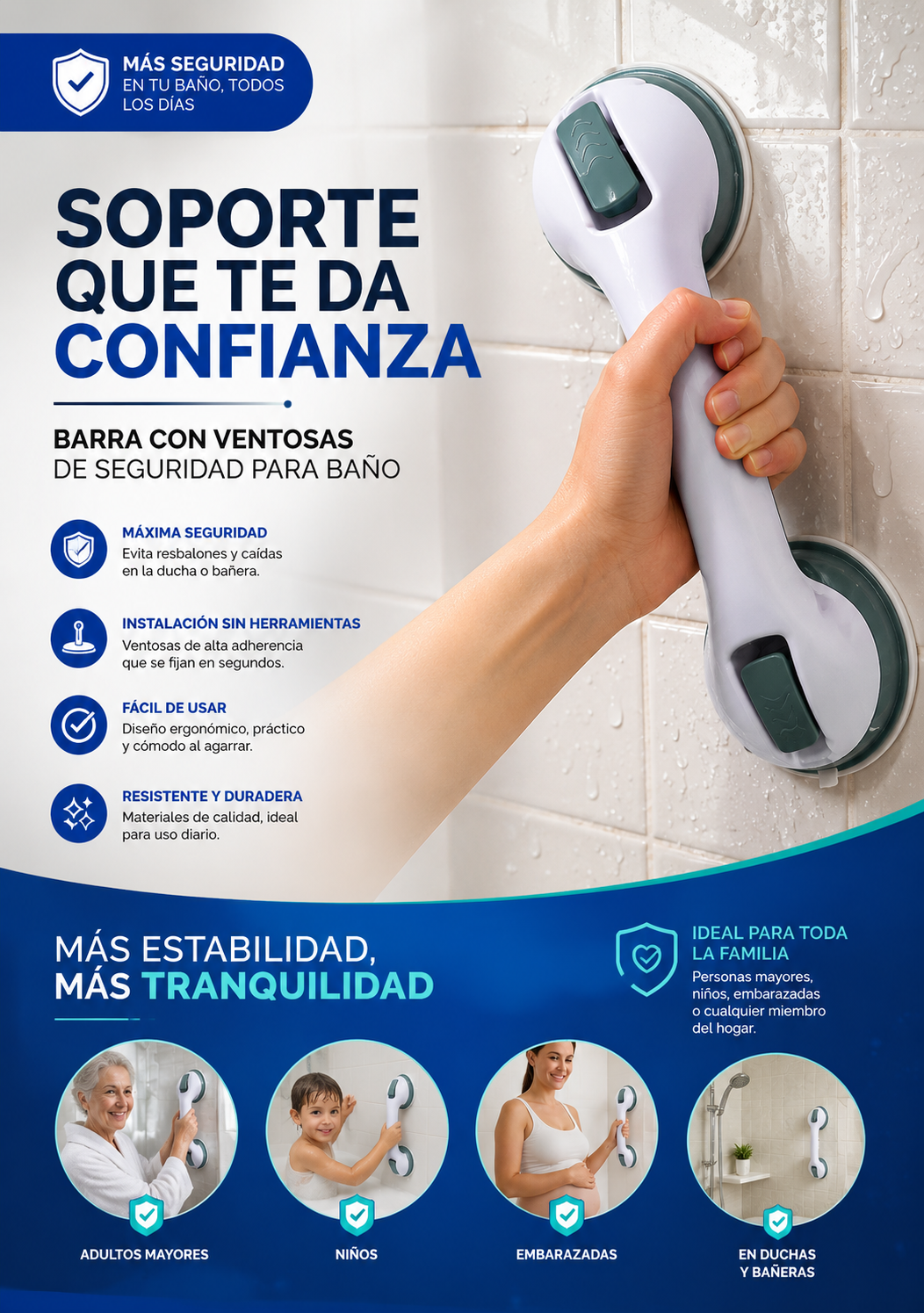 Barra con ventosas de seguridad para baño